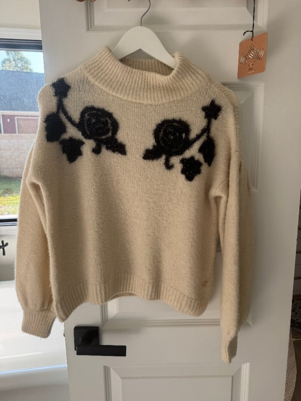 DAY Birger Cream Fuzzy Mock Neck Sweater Black Eyelash Floral XS